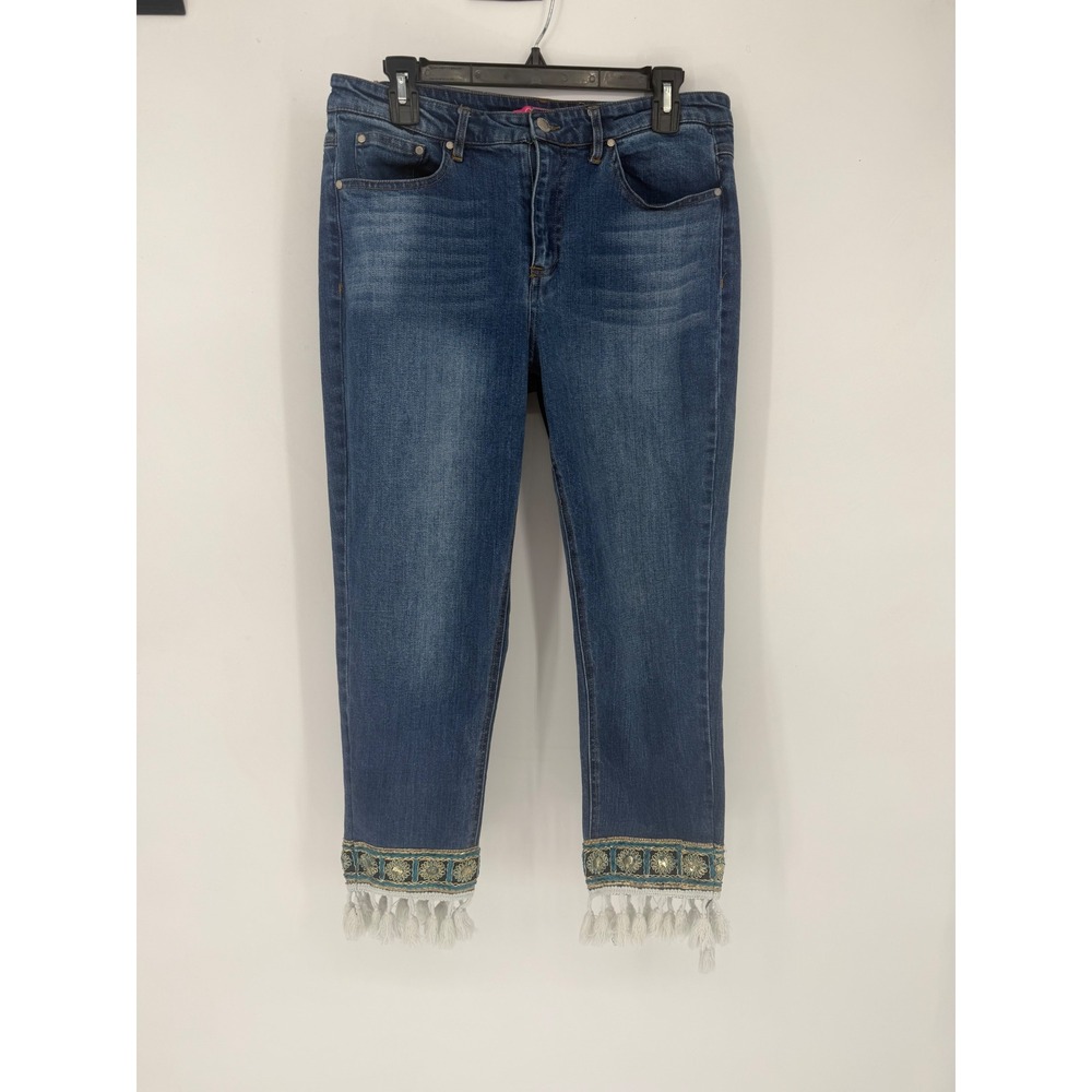 Catherine Malandrino Jeans Women 12 Blue Excellent Embroidered Tassel Crop